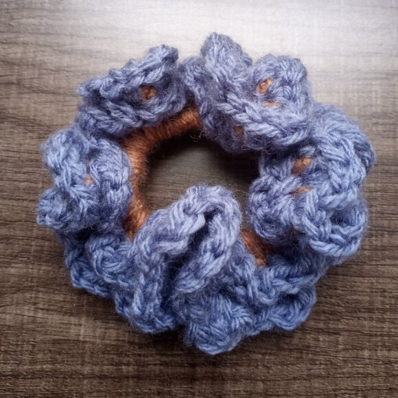 Handmade Ruffled Crochet Scrunchie – Heather Dusty Blue Hair Accessory - Picture 1 of 4
